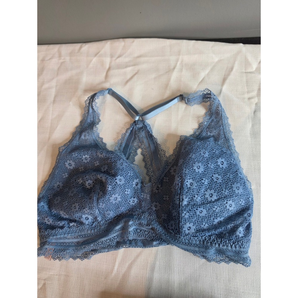 Victorias Secret Blue Floral Lace Racerback Bralette Lightly Lined Large